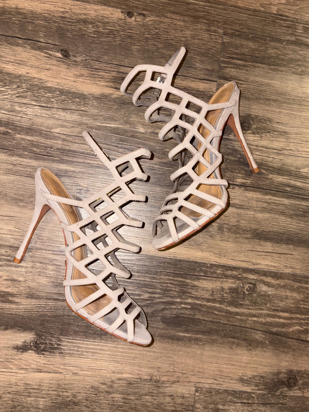 Schutz Revolve Julianna Caged High Heels in Light Gray